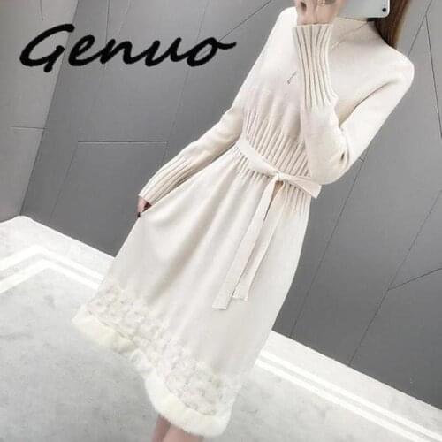 Sweet Hem Velvet Trim Knitted Dress 2019 Autumn Winter Women Long Sleeve Turtleneck Sashes Bow Slim Ladies Graceful OL Clothes