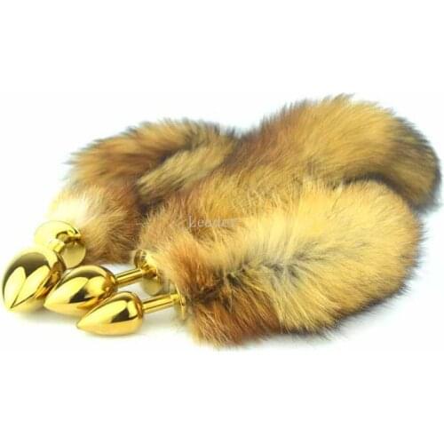Metal Size Golden Metal Anal Plug Real Fox Tail Butt Plug Stainless Steel Women Adult Sex Accessories for Couples GS0268-M