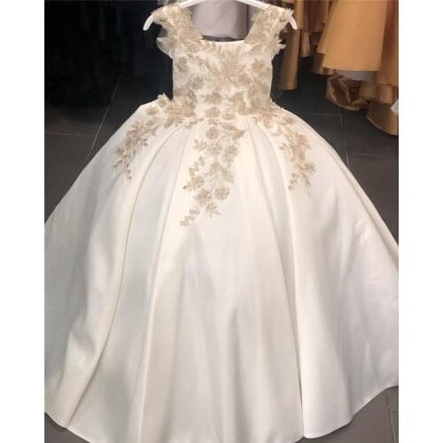 Ivory Satin Champagne Lace Baby Girls Dresses for Party Birthday Dress Kids Clothes formal wear Costumes Custom Made