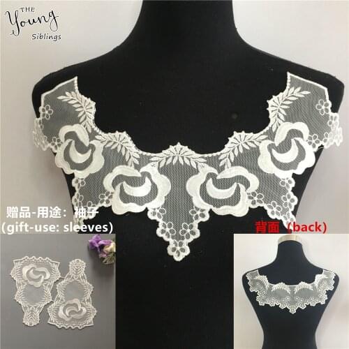 White Organza Guipure Flower Lace Fabric Embroidery Lace Collar DIY Wedding dress Accessory Tulle Lace neckline Sewing Clothing