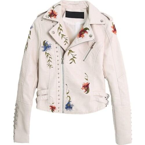 Floral Embroidery Faux Leather PU Jacket Women Spring Autumn Fashion Motorcycle Coat Black Leather Biker Jacket Outerwear Female