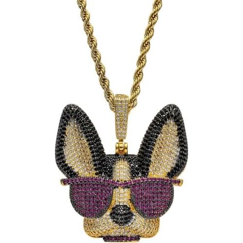 Hip Hop A Puppy In Sunglasses Necklaces For Men Women Charm Chain Jewelry Gifts Bling Full Micro Pave Zircon Necklaces