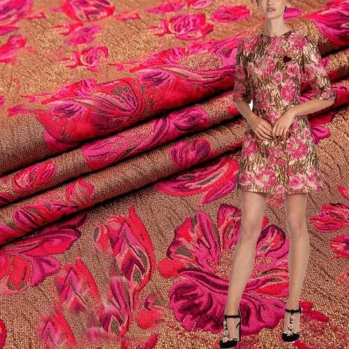 HLQON top grade gold line yarn dyed brocade jacquard roser red fabric for dress women clothing tissue patchwork by 50x145cm