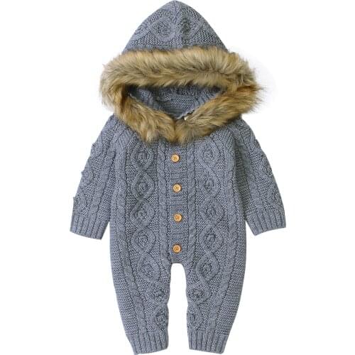 Newborn Baby Romper Solid Long Sleeve Hooded Knitted Jumpsuit Kids Girls Boys Single Breasted Winter Warm Sweater Rompers 0-18M