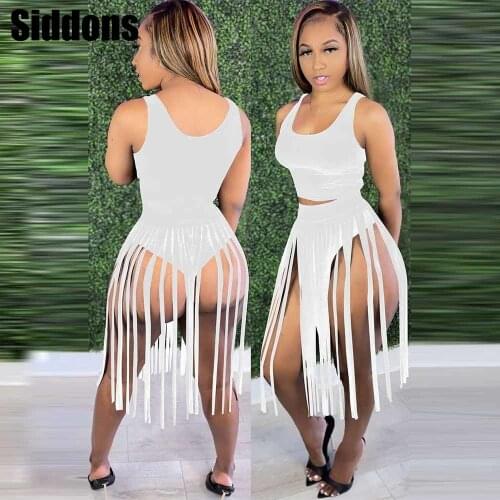 S-XXL Black White Tassels Patchwork 2 Piece Dress Sets Summer Vacation Outfits Bandage Tank Top and Mid Calf Skirt Swimwear Set