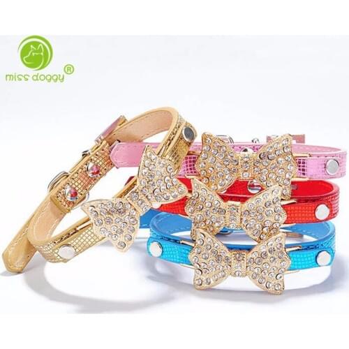 Beautiful Dog Collar Bling Crystal Rhinestone Bow Leather Pet Necklace Puppy Choker Cat Necklace for Chihuahua XS S M Free Ship
