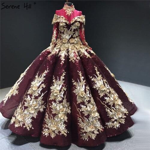 Wine Red Sequined Handmade Flowers Wedding Dresses 2020 Long Sleeves Luxury Bridal Gowns Real Photo HM66704 Custom Made
