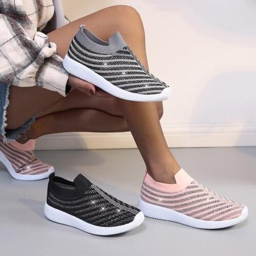 Women Vulcanized Shoes Knitted Mesh Breathable Sock Shoes Slip on Soft Bottom Women Sneakers Women Loafers Flats Walking