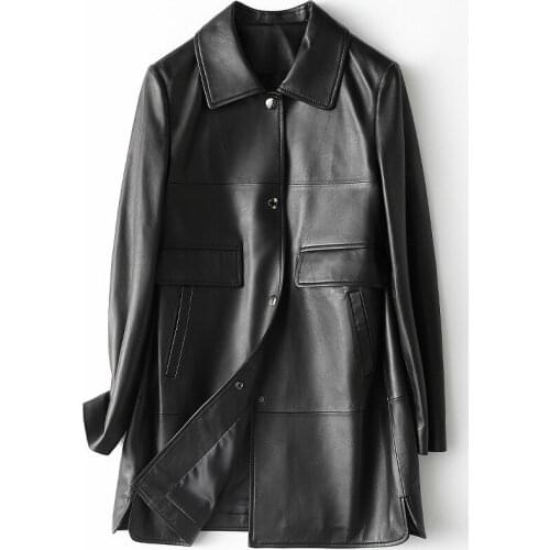 Women Loose Real Leather Black Coat with Pockets Womens Simple Sheepskin Spring New Casual High Quality Jacket Covered Button