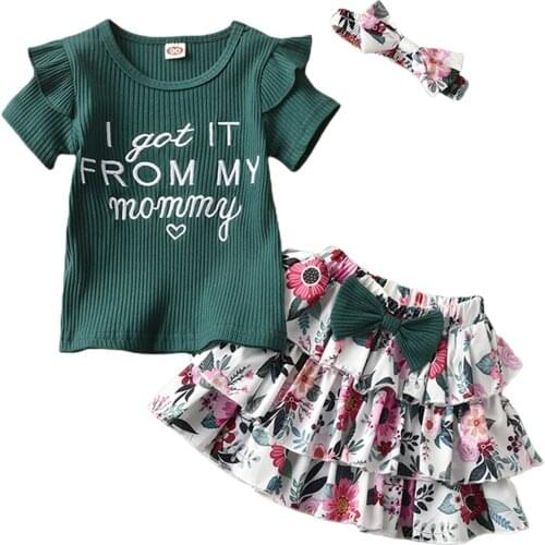 3 Pcs Baby Girls Summer Outfits, Ribbed Letter Print Fly Sleeve Round Neck T-shirt + Floral Tiered Skirt with Bowknot + Headband