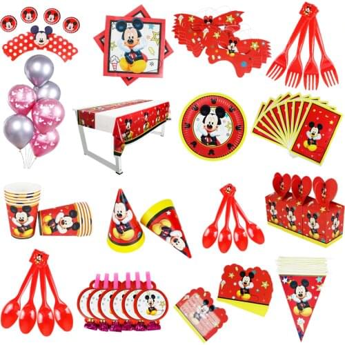 Hot Disney Red Mickey Mouse Kids Birthday Party Decorations Balloon Paper Cups Plate Baby Shower Disposable Tableware Supplies
