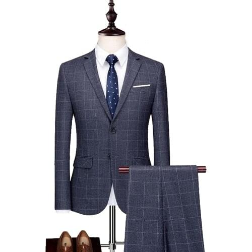 Mens Suits Two/Three Pieces Slim Fit Royal Blue Black Suit Mens Business Groom Jacket Tuxedos for Wedding Evening(Blazer+Pants)