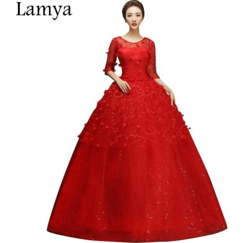 LAMYA Customized Cheap Red Flowers Wedding Dress 2020 Fashion Sweetheart Half Sleeve Bride Gown Dresses Fashion Robe De Mariage