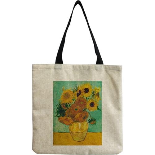 Simple Size Refreshing Van Gogh Sunflower Printed Handbag Cartoon Personality Art Shopping Bag Plant Painting Female Lunch Bags