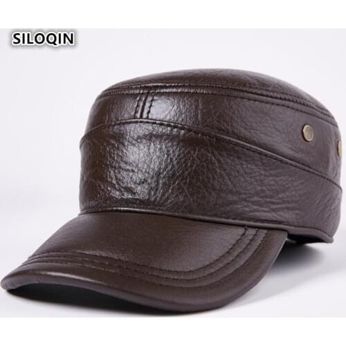 SILOQIN Adjustable Genuine Leather Hat Winter Mens New First Layer Cowhide Military Hats Earmuffs Warm Leisure Flat Cap Dad Hat
