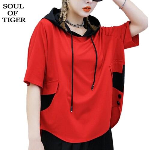SOUL OF TIGER Summer Street Style Girls Vintage Drawstring Tee Shirts Ladies Loose Casual Clothes Womens Hooded Oversized Tops