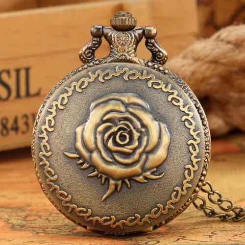 Exquisite Rose Retro Quartz Pocket Watches Arabic Numerals Dial Alloy Slim Chain Pendant Steampunk Clock Practical Gift For Mom