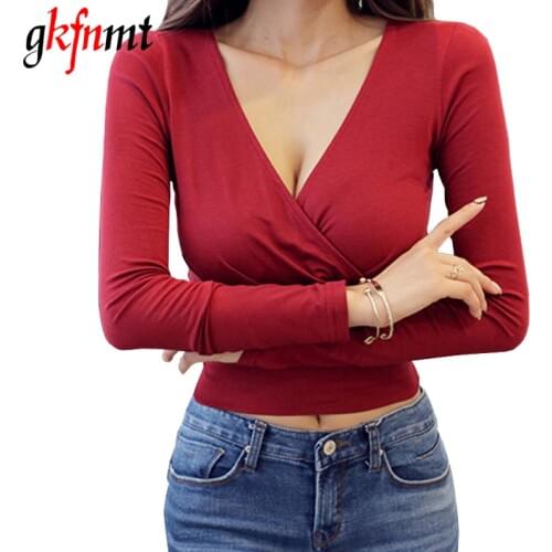 Gkfnmt Sexy Deep V Neck Top Long Sleeve Tshirt Women Short Crop Tops Black 2018 New Fashion T Shirt Femme Poleras De Mujer