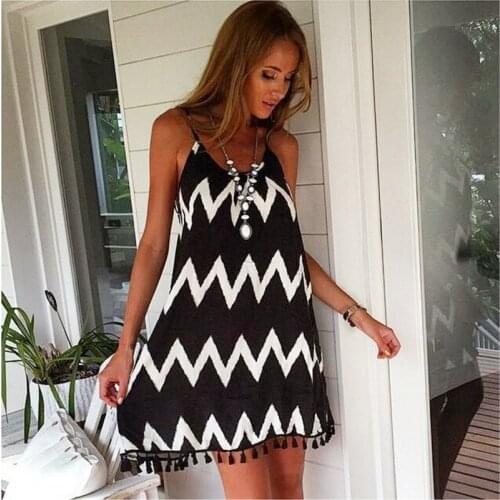Women Fashion Wave Print Fringed Suspender Beach Dress Cover Ups for Swimwear Dresses Bathing Suit Beachwear Cover Skirt