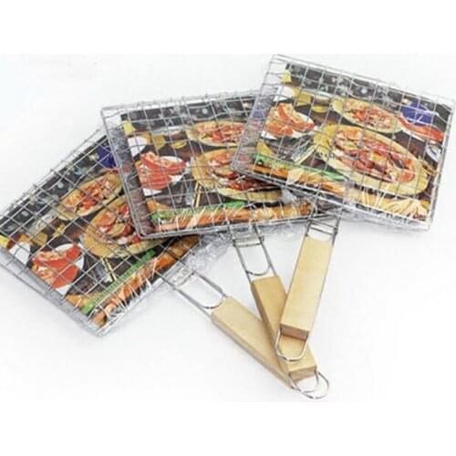 1PC Stainless Steel Meshes Barbecue 2 Iron Fish Grilling Basket Roast Folder Tool with Wooden Handle Outdoor BBQ Tools OK 0394