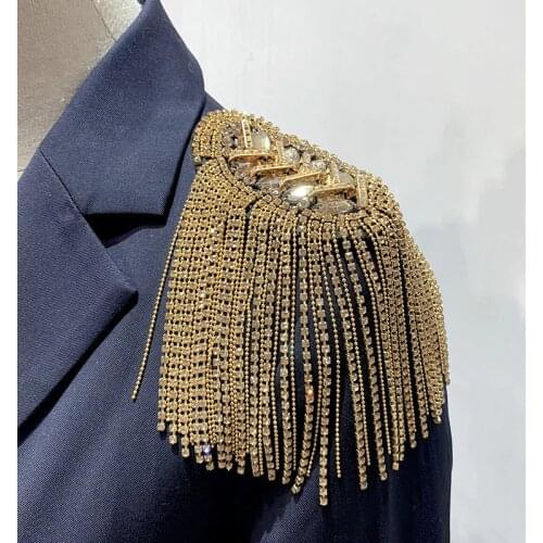 2PCS Gold Rhinestone Shoulder British Style New Brooch Strap Tassel Rivet Epaulet Epaulette Shirt Singer Compere Stage Jewelry