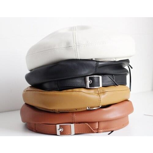 New Autumn Winter Elegant Vintage Leather Buckle Quality PU Leather Beret For Women Fashion Easy Match Flat Top Boina Female Hat