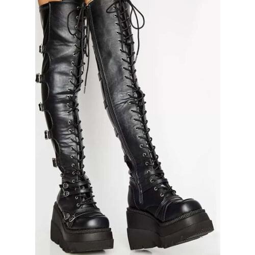 Shoes Female High Platform Thigh High Boots Fashion Buckle Punk High Heels Boots Women Cosplay Wedges Women Over-the-knee Boots