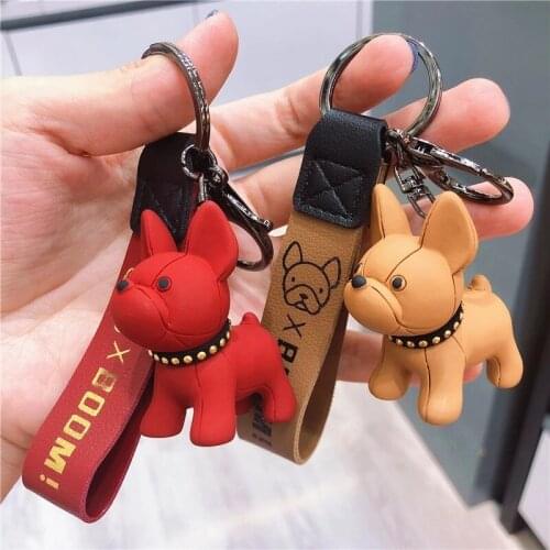 Trendy French Punk Bulldog Keychain PU Leather Dog Keychains For Women Bag Charm Trinket Men Car Key Ring Key Chain Jewelry
