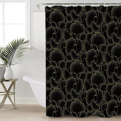 Black Ginkgo Biloba Texture Luxurious Shower Curtain Bathroom Decorative Waterproof Polyester Fabric Curtain for Bathroom