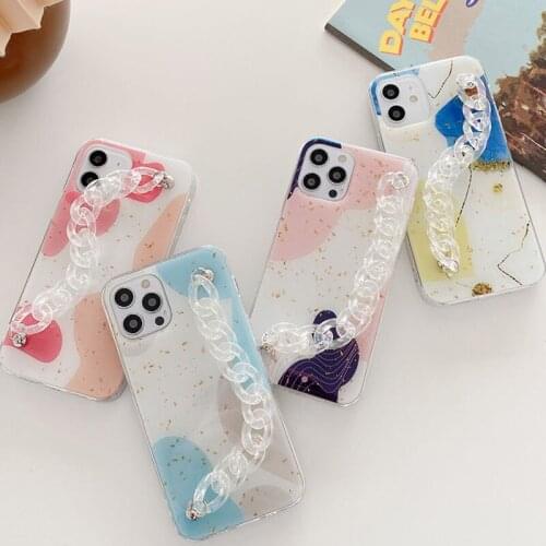 Epoxy Glitter Sequins Color Blocks Mottling Wristband Hand Holder Case for iPhone 12 Mini 11 Pro XS Max Wrist Strap Chain Cover