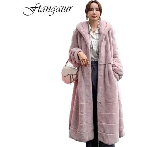 Ftangaiur 2019 Winter Import Velvet Mink Coat Full Sleeve With Fur Hood Loss Natural Fur Coat Womens X-Long Real Mink Fur Coats