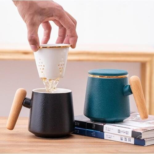 Wooden Handle Ceramic Filter Mug with Lid Tea Water Separation Office Cup Home Couple Water Cup Set Customization Mugs