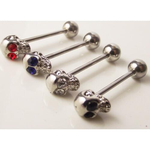 1 Piece 1.2x16mm Colordul Skull Logo Stainless Steel Tongue Rings Labret Ring Tongue Nipple Ring Barbell Body Piercing Jewelry