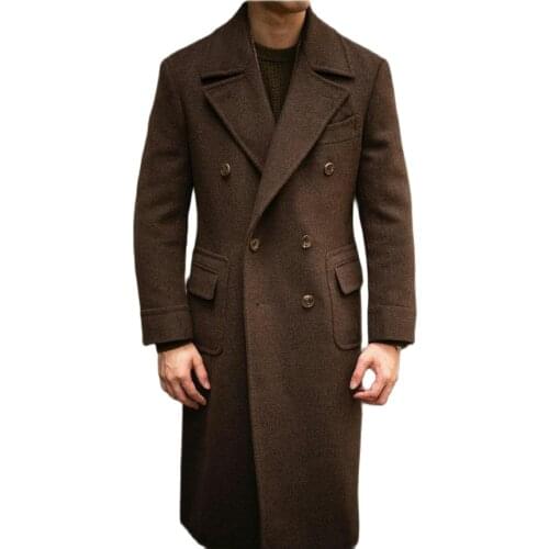 Brown Woolen Long Overcoat Custom Made Men Suits Double Breasted Tuxedos Peaked Lapel Blazer Business Jacket
