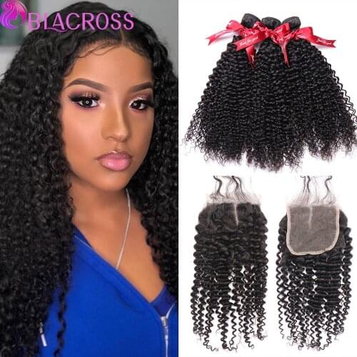 Kinky Curly Bundles With Closure Brazilian Hair Human Hair With Closure Kinky Curly Hair Bundles 4x4 Lace Closure Natural Color