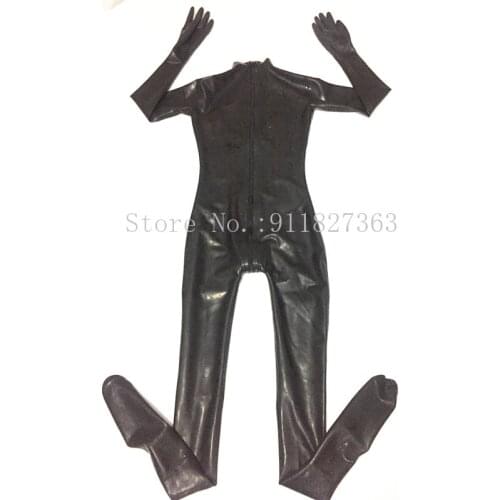 Latex Girls Catsuit Latex Rubber Cosplay Bodysuit With Zip Back Through Crotch Black Full Catsuit Attached Gloves Latex Socks
