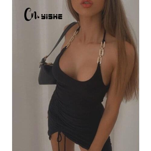 CNYISHE Fashion Metal Chain Halter Mini Dresses Summer 2021 Sexy Drawstring Ruched Dress Sleeveless Bodycon Dress Vestidos Robes