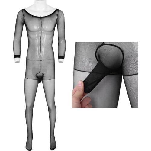 Male Fantasy Long Sleeve Sheer Bodystocking Body Stockings with Penis Sheath Mens Erotic Lingerie Fetish Bodysuit Jumpsuit