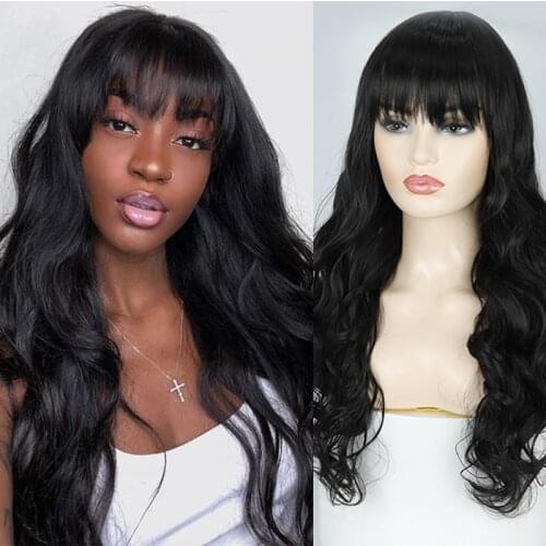 AZQUEEN Long Black Wavy Hair with Bangs Synthetic Hair Wigs Colorful Wig for Women Cosplay Daily Party Wig With Neat Bangs