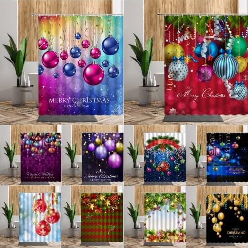 Lighted Christmas Shower Curtains Colourful Rope Balls Green Pine Branch Bath Curtain Waterproof Fabric Xmas Bathroom Decoration