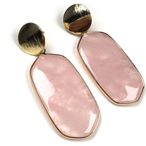 New Fashion Natural Stone Rose Quartzs Earrings Stud Jewelry Handmade Long Rectangle Turquoises Drop Earring Gifts for Women