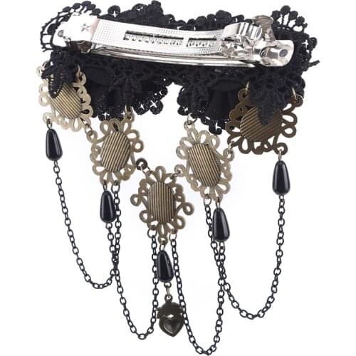 Vintage Gothic Black Lace Flower Headband Hair Clips For Women Stone Tassels Fashion Jewelry Acessories