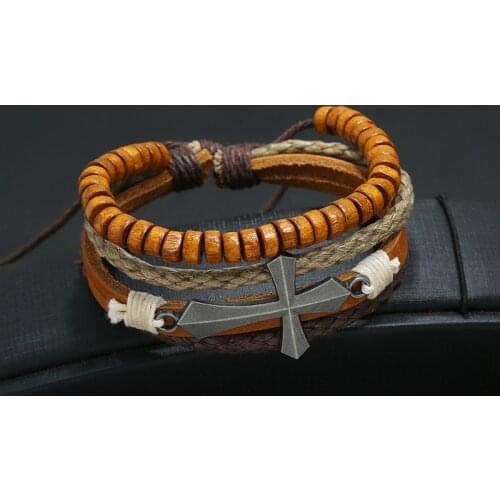 Vintage Alloy Cross Charm Leather Bracelet Multi-layer Braided Wood Bead Punk Gothic Men Bracelets & Bangles Fashion Jewelry