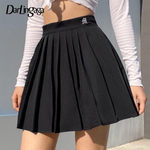 Darlingaga Casual White Letter Embroidery High Waist Woman Skirts y2k Summer Fashion Pleated Skirt Short 2020 Girls Mini Skirt