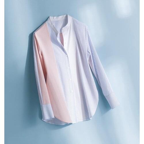 Women 2021 Spring New Fashion Patchwork Striped Shirts Female Long Sleeve Thin Blouses Ladies Stand Collar Casual Shirts U195