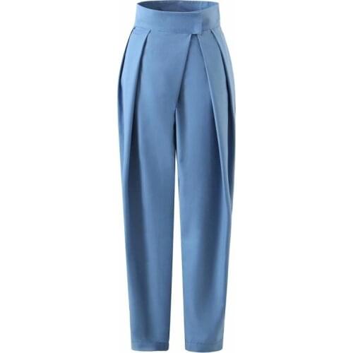 DOUJILI Blue White Fashion Ladies Office Trousers Spring Autumn High Waist Casual Pocket Trousers For Women