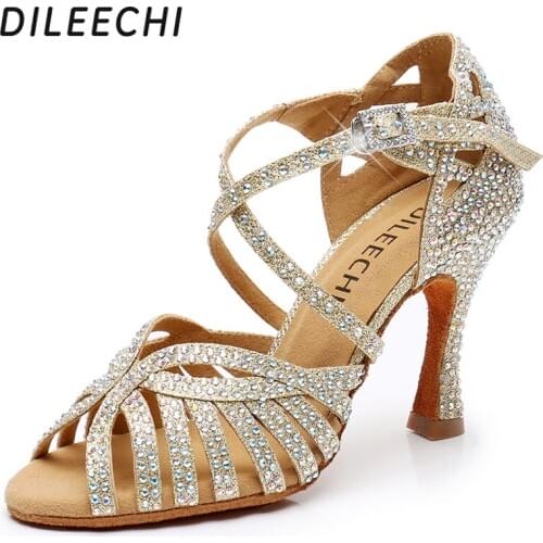 DILEECHI Women Party Dance Shoes GLITTER Shining rhinestones Soft Bottom Latin Dance Shoes Woman Salsa Dance Shoes heel5CM-10CM