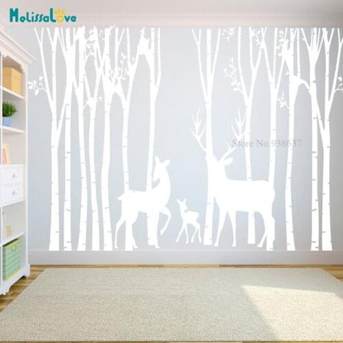 13 Birch Trees Forest Nursery Decal Baby Room Decor Nursery Sticker Cute Deer Family Removable Vinyl Wall Stickers BB579
