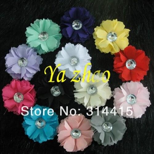 2" New Rhinestone Center Chiffon Tulle Mesh hair flower DIY Flower for headband 360pcs, mix 13 color, free shipping