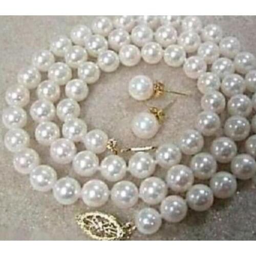 8mm White Akoya Cultured Shell Pearl Necklace Earring Set 18"